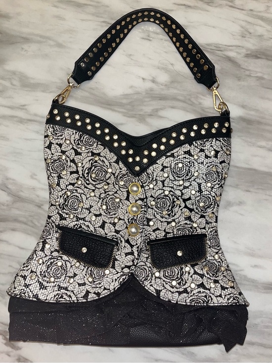 Handbags - Black & White Rose Studded Corset-Style Shoulder Bag